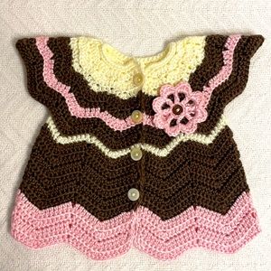 Handmade Baby Girl Sweater / Dress Cream Brown Pink White Crochet Knit , 0-3M